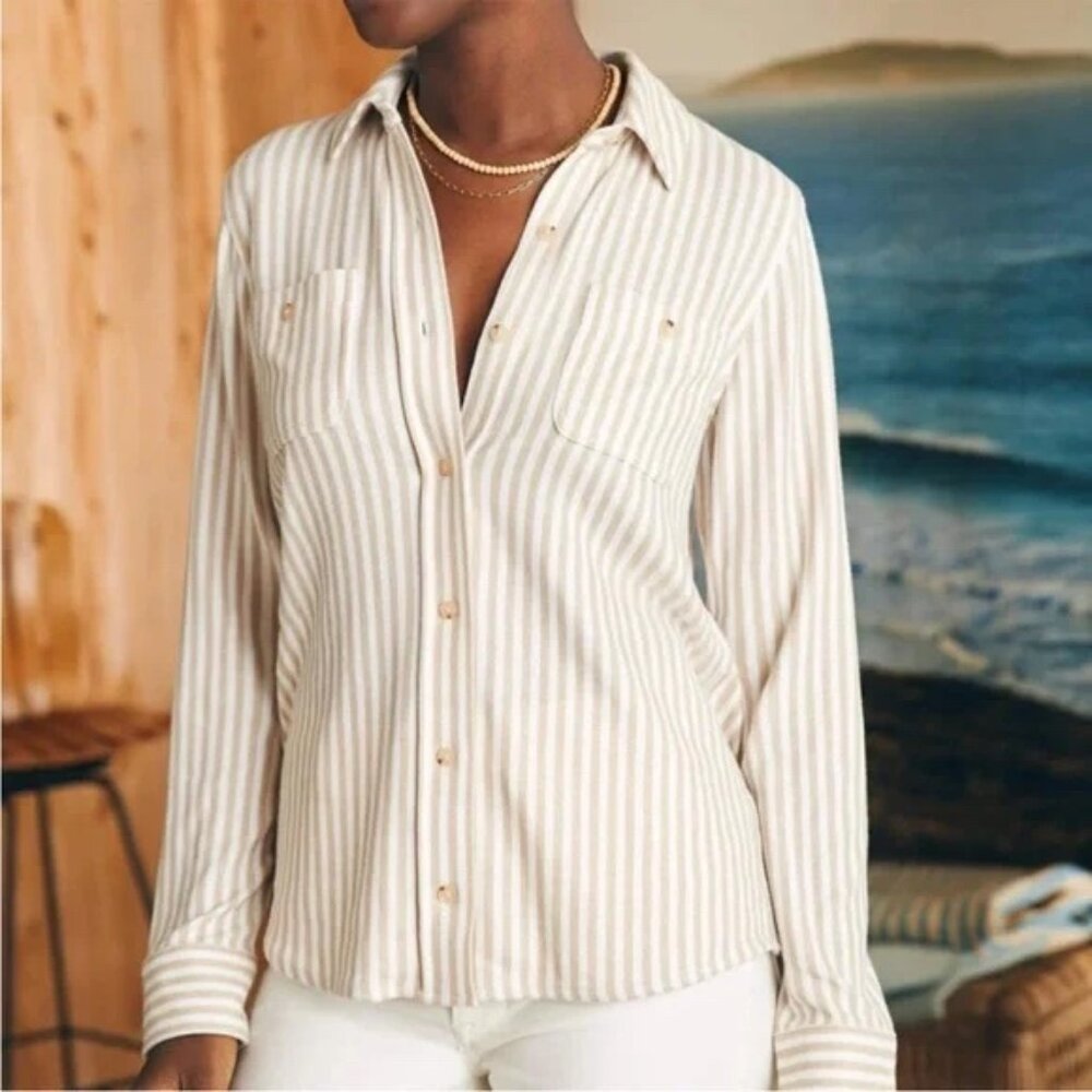 Faherty Legend Taupe and White Tannin Striped Button-Down Sweater Shirt Size M - Picture 3 of 8